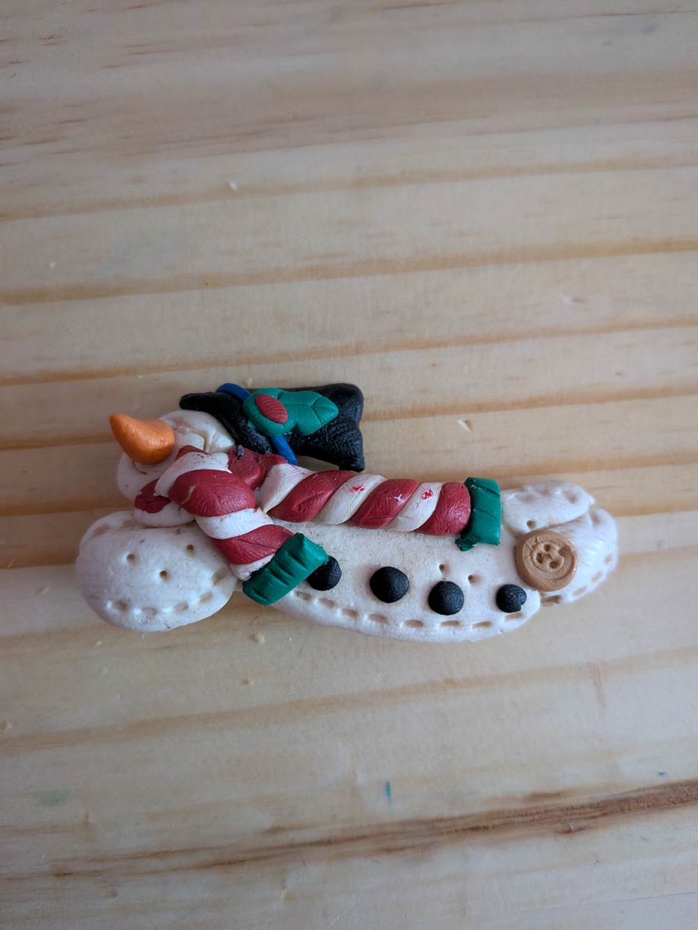 Handmade Polymer Clay Snowman Brooch - Red, White, Green